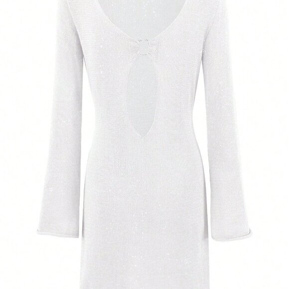 White Women's Sexy Metallic Ring Hollow Deep V-Neck Knit Wrap Knit Mini Dress - Picture 5 of 8